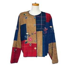 VTG Koret City Blues Embroidered Patchwork Cardigan Jacket Shacket w Denim XL